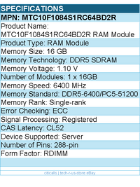 Micron MTC10F1084S1RC64BD2R RAM Module - 16GB DDR5 6400Mhz RDIMM 1Rx8 Retail