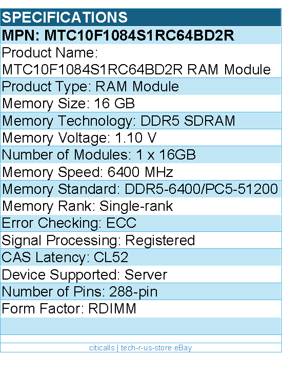 Micron MTC10F1084S1RC64BD2R RAM Module - 16GB DDR5 6400Mhz RDIMM 1Rx8 Retail