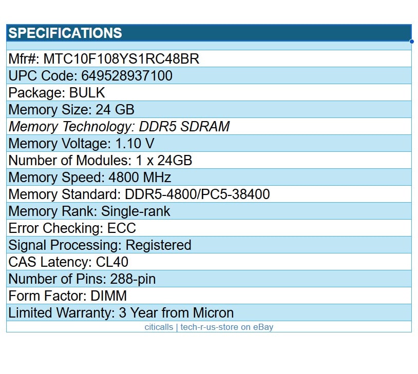 Micron MTC10F108YS1RC48BR 24GB DDR5-4800/PC5-38400 ECC Reg 288-PIN RAM Memory