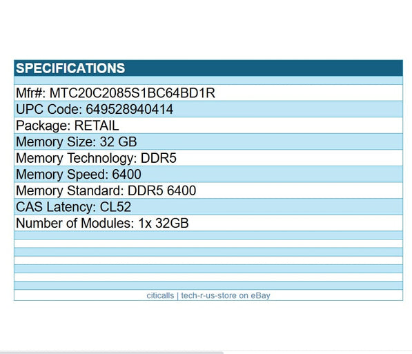 Micron MTC20C2085S1BC64BD1R 32GB DDR5 6400 CL52 CUDIMM RAM Memory (Single Pack)