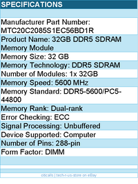 Micron MTC20C2085S1EC56BD1R Memory - 32GB DDR5 5600Mhz ECC UDIMM 2Rx8 Retail