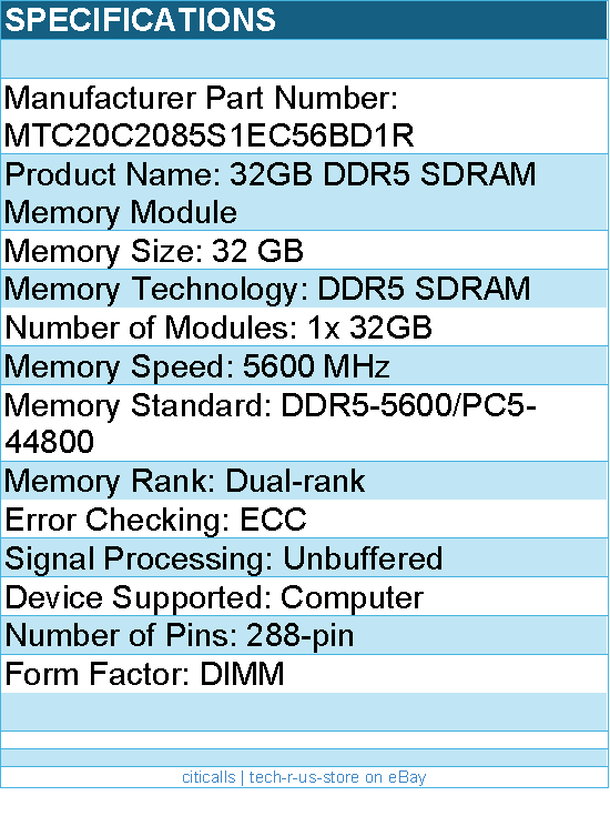 Micron MTC20C2085S1EC56BD1R Memory - 32GB DDR5 5600Mhz ECC UDIMM 2Rx8 Retail
