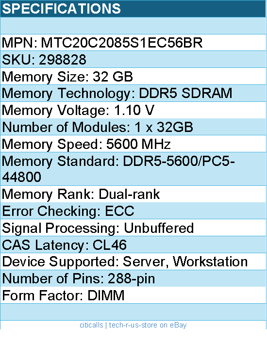 Micron MTC20C2085S1EC56BR 32GB DDR5 5600Mhz ECC UDIMM 2Rx8 - Memory Module