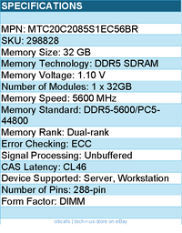 Micron MTC20C2085S1EC56BR 32GB DDR5 5600Mhz ECC UDIMM 2Rx8 - Memory Module