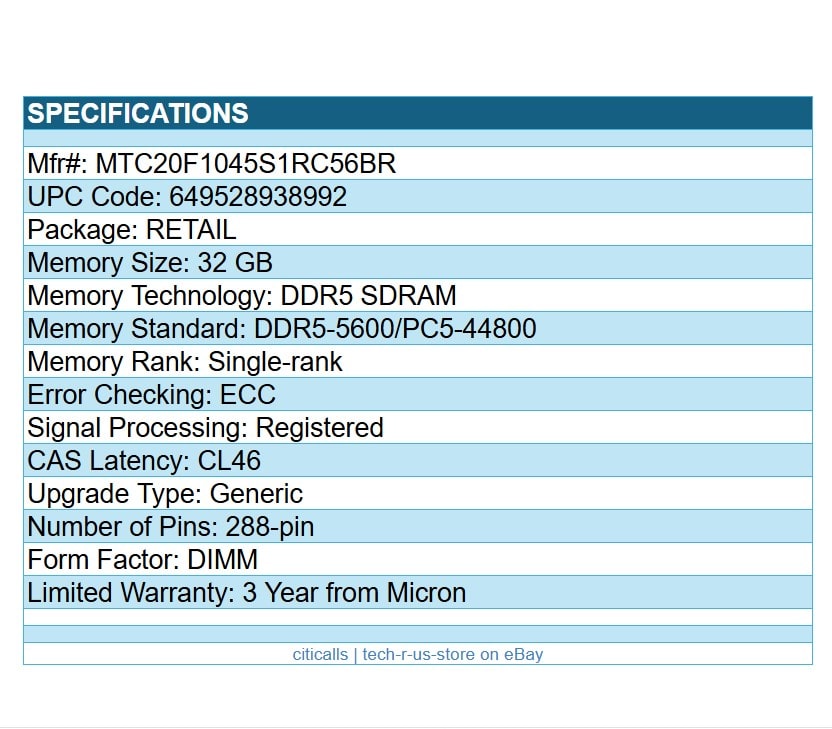 Micron MTC20F1045S1RC56BR 32GB DDR5-5600 CL46 DIMM ECC REG 288-PIN RAM Memory
