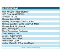 Micron MTC20F1045S1RC56BR 32GB DDR5-5600 CL46 DIMM ECC REG 288-PIN RAM Memory