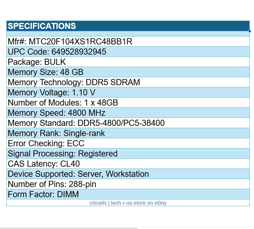 Micron MTC20F104XS1RC48BB1R 48GB DDR5-4800 CL40 DIMM ECC REG 288-PIN RAM Memory