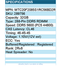 Micron MTC20F2085S1RC56BD2R ECC Registered DDR5 5600 (PC5 44800) Server Memory