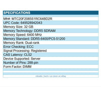 Micron MTC20F2085S1RC64BD2R 32GB DDR5-6400 CL52 DIMM ECC REG 288-PIN RAM Memory