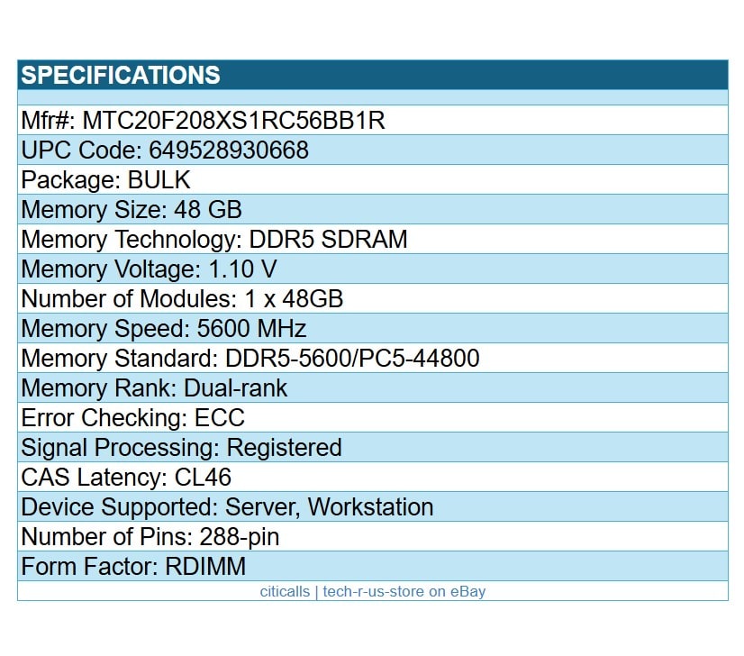 Micron MTC20F208XS1RC56BB1R 48GB DDR5-5600 CL46 RDIMM ECC REG 288-PIN RAM Memory