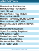 Micron MTC40F2046S1RC64BD2R 64G DDR5 6400Mhz RDIMM 2Rx4 - RAM Module