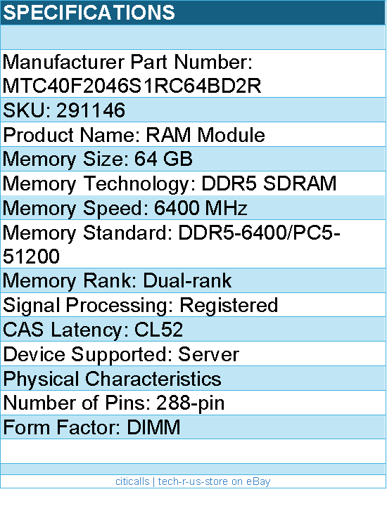 Micron MTC40F2046S1RC64BD2R 64G DDR5 6400Mhz RDIMM 2Rx4 - RAM Module