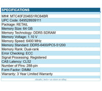 Micron MTC40F2046S1RC64BR 64GB DDR5--6400 CL52 DIMM ECC REG 288-PIN DIMM RAM MEM