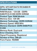 Micron MTC40F2047S1RC64BB1R RAM Module - 128GB DDR5 6400Mhz RDIMM 2Rx4 Retail