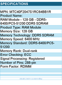 Micron MTC40F2047S1RC64BB1R RAM Module - 128GB DDR5 6400Mhz RDIMM 2Rx4 Retail