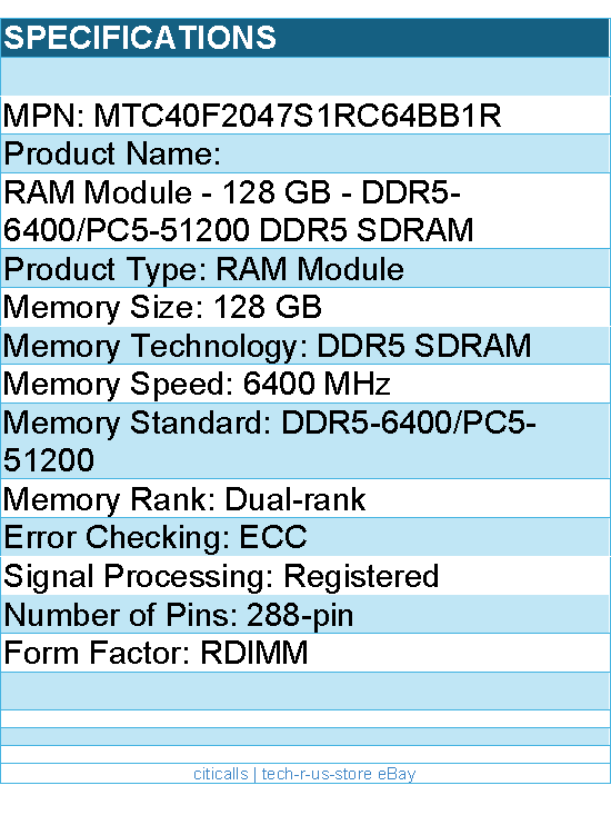 Micron MTC40F2047S1RC64BB1R RAM Module - 128GB DDR5 6400Mhz RDIMM 2Rx4 Retail