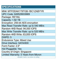 Micron MTFDDAK1T9TGB-1BC1ZABYYR 1.92TB 5400 MAX 2.5" SSD SATA/600 256-Bit AES