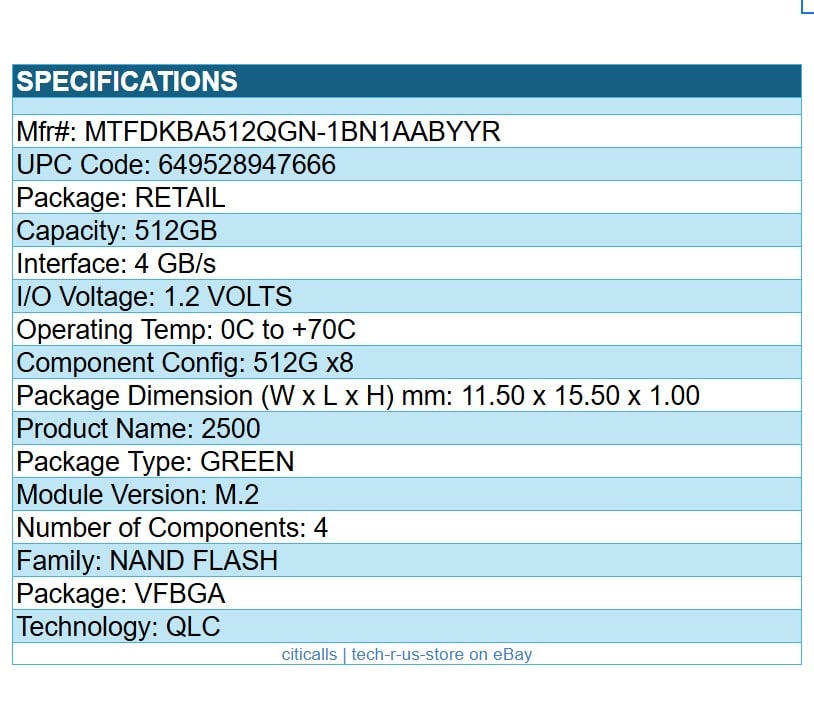 Micron MTFDKBA512QGN-1BN1AABYYR 512GB 2500 M.2 2280 NVMe SSD Non-SED Client