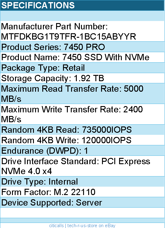Micron MTFDKBG1T9TFR-1BC15ABYYR SSD - 1.9T 7450 Pro M.2 22110 TCG-Opal Retail