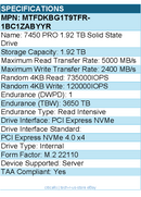 Micron MTFDKBG1T9TFR-1BC1ZABYYR SSD - 1.9T 7450 Pro NVMe M.2 22110 Non-SED
