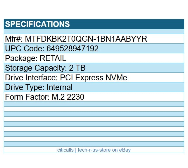 Micron MTFDKBK2T0QGN-1BN1AABYYR 2TB 2500 M.2 2230 NMVe PCIe SSD Retail Pack