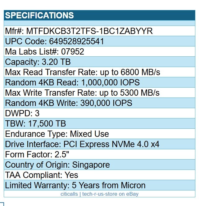 Micron MTFDKCB3T2TFS-1BC1ZABYYR 3.2TB 7450 MAX 2.5" SSD U.3 PCIe NVMe 4.0 TAA