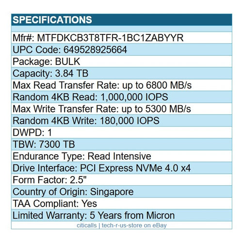 Micron MTFDKCB3T8TFR-1BC1ZABYYR 3.84TB 7450 PRO 2.5" SSD U.3 PCIe NVMe 4.0 TAA