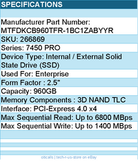 Micron MTFDKCB960TFR-1BC1ZABYYR SSD - 960GB 7450 Pro NVMe U.3 7mm Retail