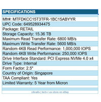 Micron MTFDKCC15T3TFR-1BC15ABYYR 7450 PRO 15.36TB 2.5" SSD U.3 PCIe NVMe 4.0 TAA