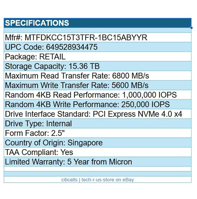 Micron MTFDKCC15T3TFR-1BC15ABYYR 7450 PRO 15.36TB 2.5" SSD U.3 PCIe NVMe 4.0 TAA