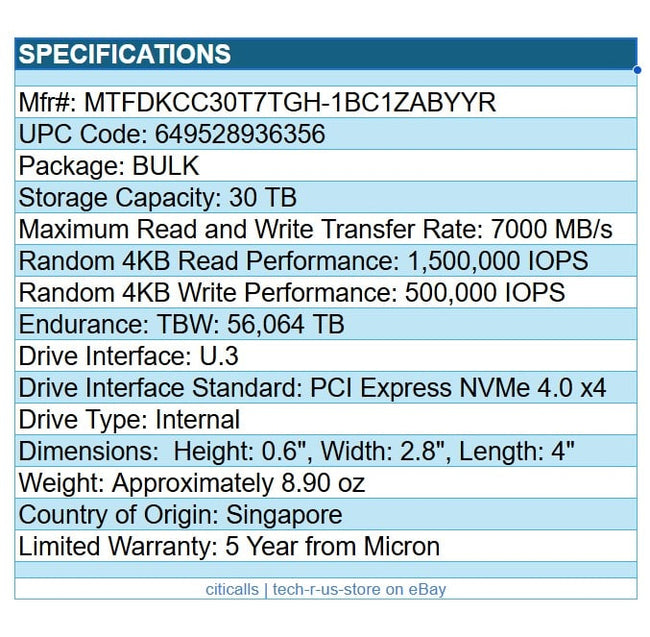 Micron MTFDKCC30T7TGH-1BC1ZABYYR 9400 30TB SSD U.3 PCIe NVMe 4.0x4 BULK-PACK