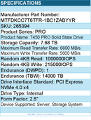 Micron MTFDKCC7T6TFR-1BC1ZABYYR Solid State Drive - 7.6T 7450 Pro NVMe U.3 15mm