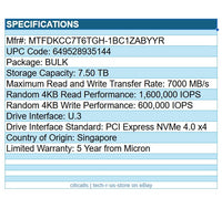 Micron MTFDKCC7T6TGH-1BC1ZABYYR 9400 7.50 7.5TB SSD U.3 PCIe NVMe 4.0x4 BulkPack