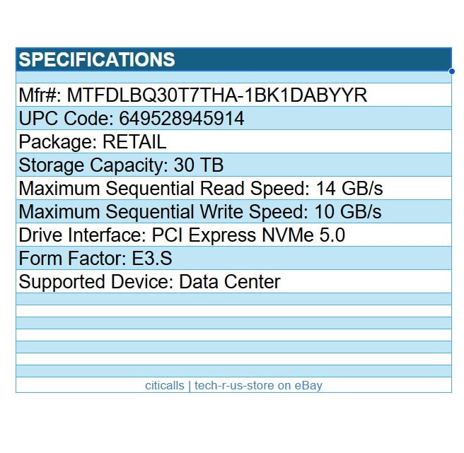Micron MTFDLBQ30T7THA-1BK1DABYYR 9550 PRO 30TB SSD E3.S Internal PCIe NVMe 5.0
