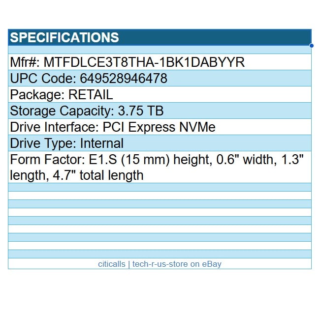 Micron MTFDLCE3T8THA-1BK1DABYYR 9550 PRO 3.75TB SSD E1.S Internal PCIe NVMe 5.0