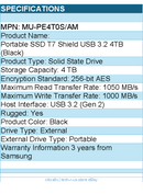 Samsung MU-PE4T0S/AM Solid State Drive - T7 Shield 4TB PSSD USB3.2 Black Retail