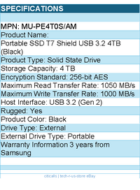 Samsung MU-PE4T0S/AM Solid State Drive - T7 Shield 4TB PSSD USB3.2 Black Retail