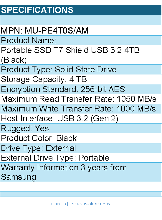 Samsung MU-PE4T0S/AM Solid State Drive - T7 Shield 4TB PSSD USB3.2 Black Retail