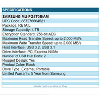 Samsung MU-PG4T0B/AM 4TB T9 Portable USB Rugged Solid State Drive PCIe NVMe BLK