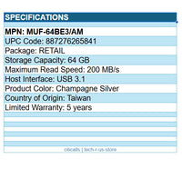 Samsung MUF-64BE3/AM 64GB USB 3.1 Flash Drive Bar Plus Champagne Silver 5-YrWar