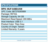 Samsung MUF-64BE4/AM 64GB USB 3.1 Flash Druve Bar Plus Titan Grey 5-YrWarranty