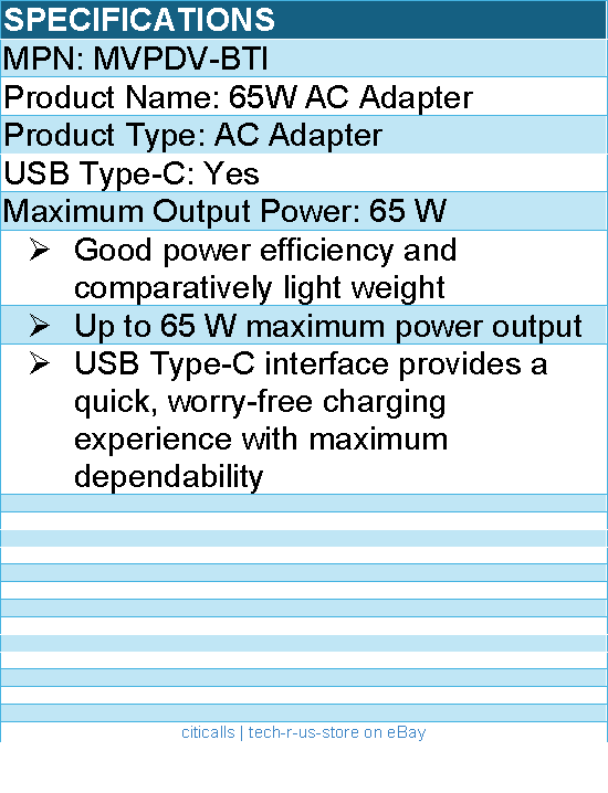 BTI MVPDV-BTI 65W TYPE-C AC ADAPTER - Compatible OEM: MVPDV