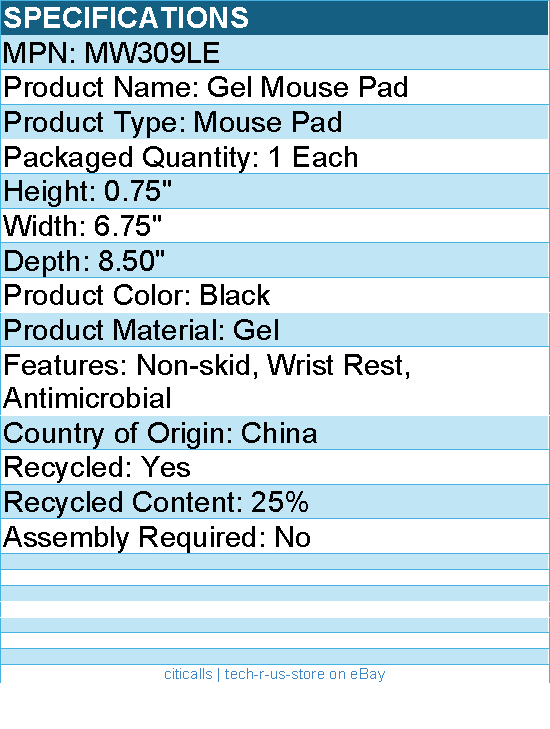 3M MW309LE Gel Mouse Pad - 0.75" Height x 6.75" Width x 8.50" Depth