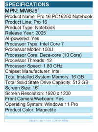 Dell MW6J9 Pro 16 PC16250 16" Notebook - Full HD Plus - 60 Hz - Intel Core 7