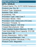 Dell MW6J9 Pro 16 PC16250 16" Notebook - Full HD Plus - Intel Core 7 - Magnetite