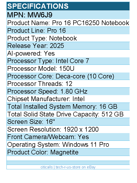 Dell MW6J9 Pro 16 PC16250 16" Notebook - Full HD Plus - Intel Core 7 - Magnetite