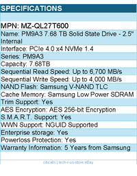 Samsung MZ-QL27T600 SSD - MZQL27T6HBLA-00W07 PM9A3 7.68TB NVMe U.2 2.5 7mmTPCIe