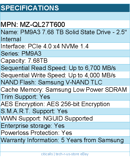 Samsung MZ-QL27T600 SSD - MZQL27T6HBLA-00W07 PM9A3 7.68TB NVMe U.2 2.5 7mmTPCIe