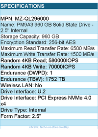 Samsung MZ-QL296000 PM9A3 960 GB Solid State Drive - 2.5" Internal