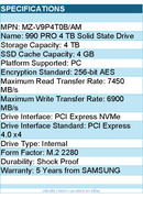 Samsung MZ-V9P4T0B/AM 990 PRO 4 TB Solid State Drive - M.2 2280 Internal